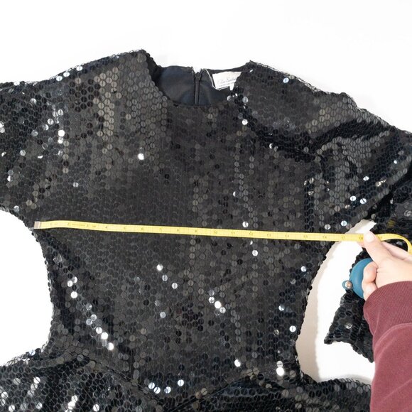 Vintage Black Sequin Peplum Long Sleeve Dress By Chaozhou Hand Stitched Embroide - Picture 6 of 11